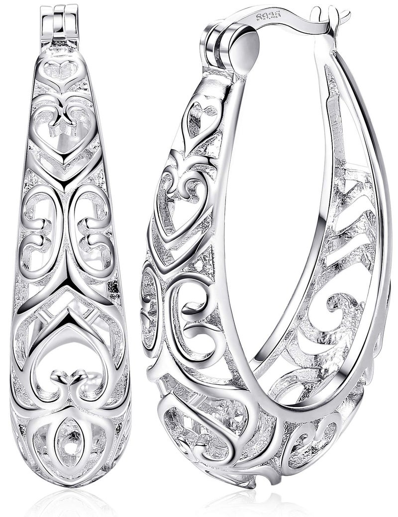 MILACOLATO 925 Sterling Silver Hoop Earrings for Women 18K White Gold Plated Vintage Filigree Oval Hoop Earrings Lightweight & Hypoallergenic Vintage Hoop Earrings - Image 1